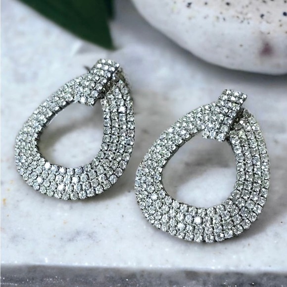 Vintage Les Bernard Inc Earrings Women’s Pave Rhinestone Silver Tone with Posts - Picture 1 of 6